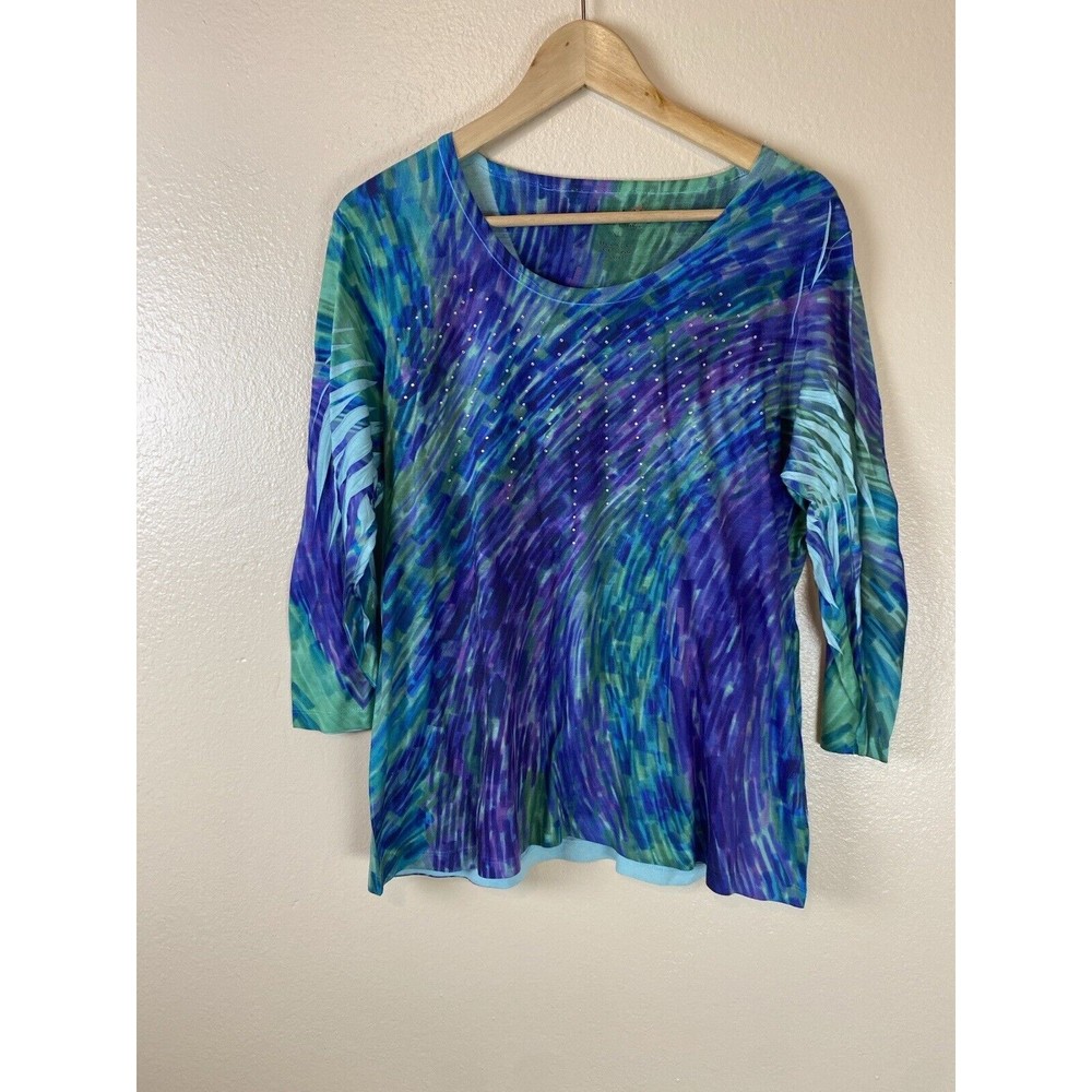 Jane Ashley XL Studded Art To Wear Top Blouse Embellished Tie dye Rhinestone
